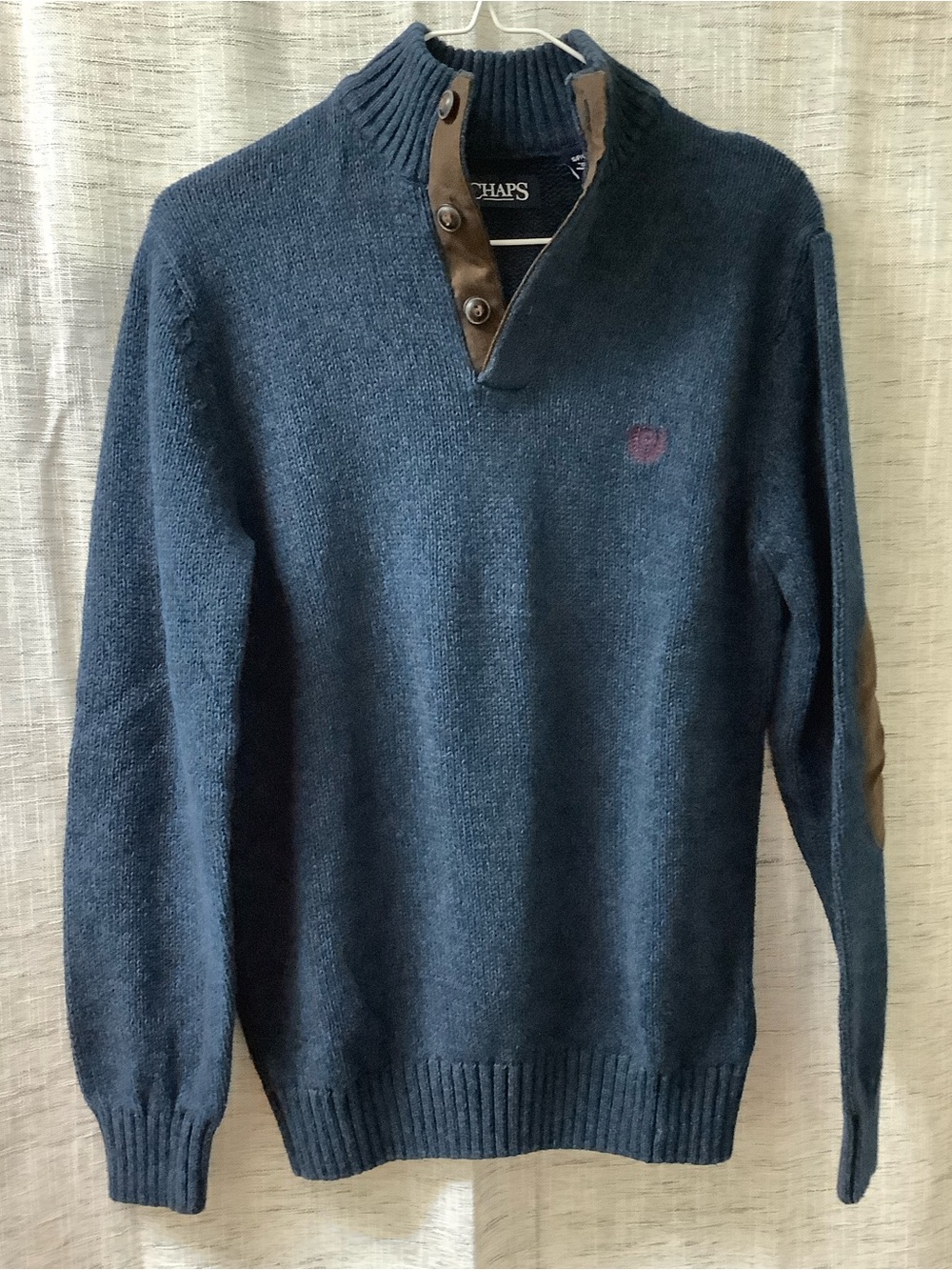 CHAPS Ralph Lauren True Blue Men's sweater size S-elbow patches 3 buttons@neck